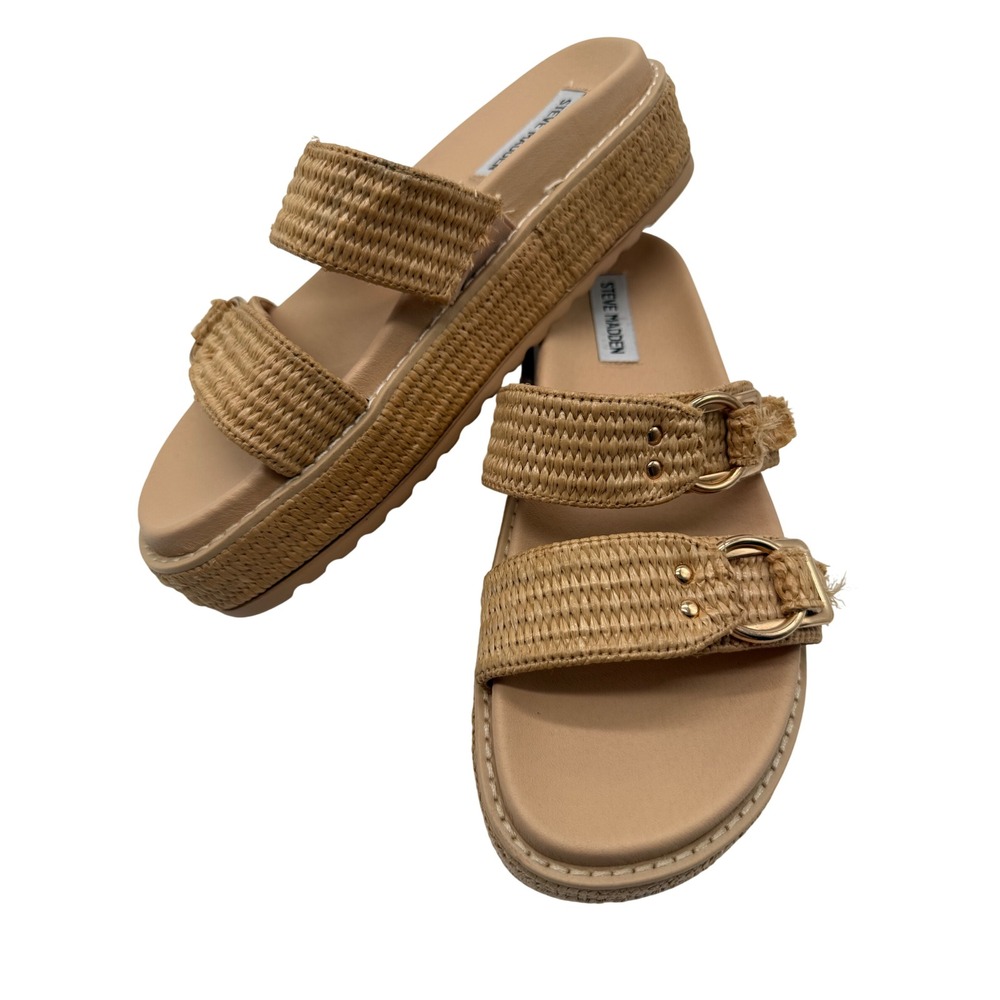 Steve Madden Brooklyn Sandals Womens 9 Tan Excellent Woven Raffia Platform Slide